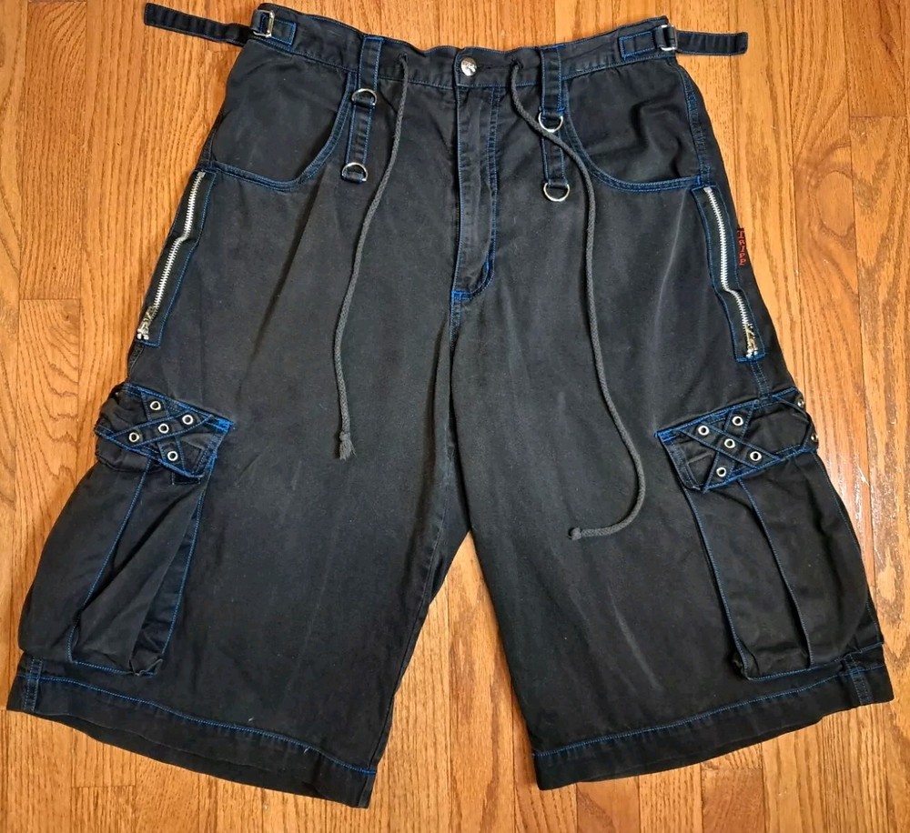 Tripp NYC Shorts Medium Vintage Y2K Goth Punk Black Blue Stitching Zippers Cargo