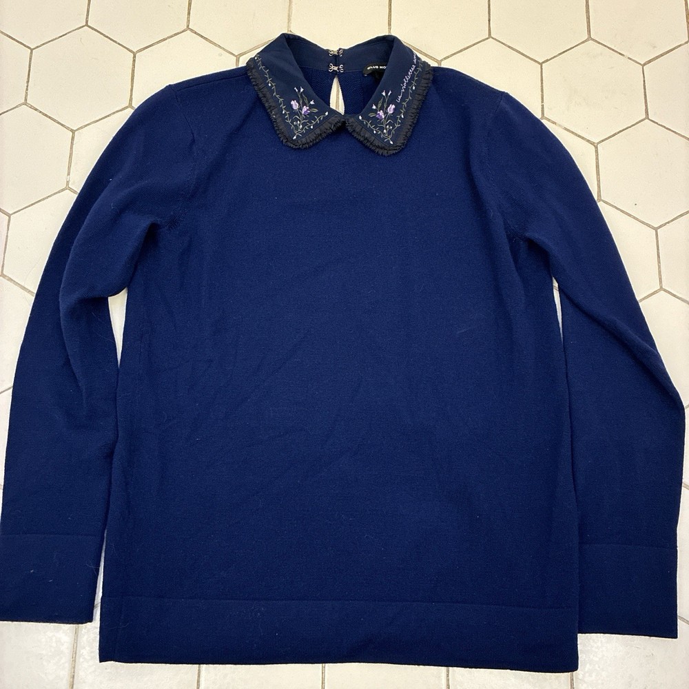 Club Monaco Women’s Embroidered Collared Blue Knit Top She Size Medium