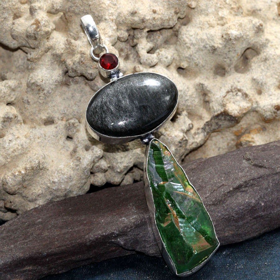 Green Titanium Aura Quartz Silver Obsidian Long Pendant Size 3.5