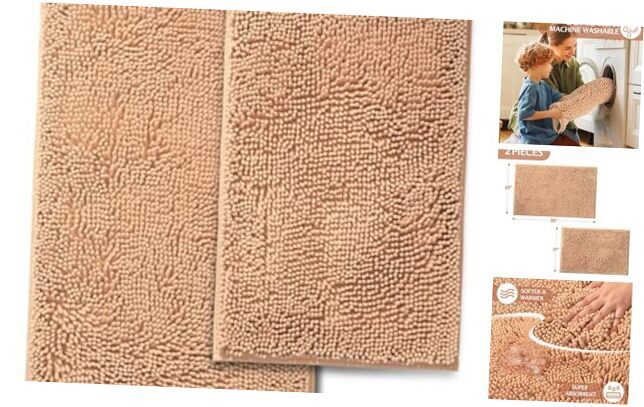 Non-Slip Absorbent Washable Bath Mat Rugs in 24x17 and 20x30 Beige