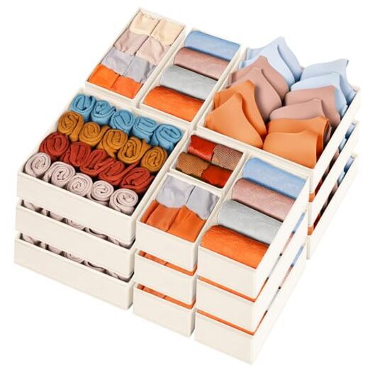 Sock Underwear Drawer Organizer Dividers 15 pack - Dresser 15 Pack Beige