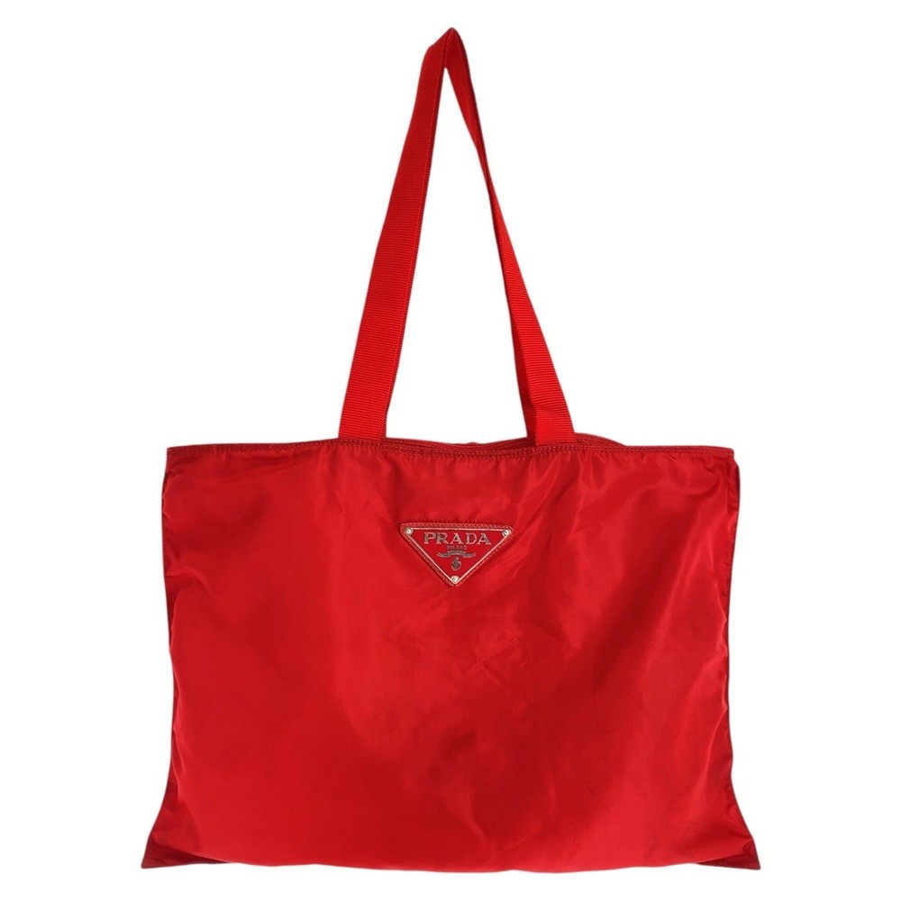 RARE PRADA Red Silver Nylon Tote with Triangle Logo Plate