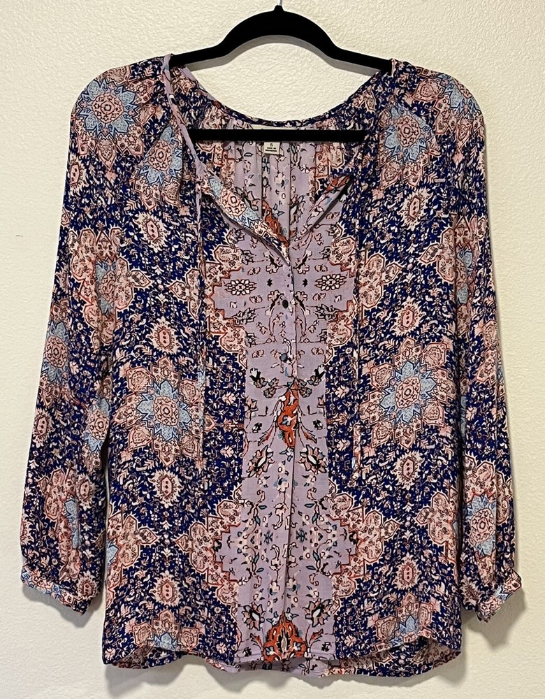 Lucky Brand Boho Floral Mosaic Popover Top Size Small