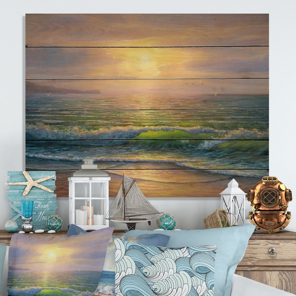 Designart 'Ocean Sunset And Waves II' Nautical & Coastal
