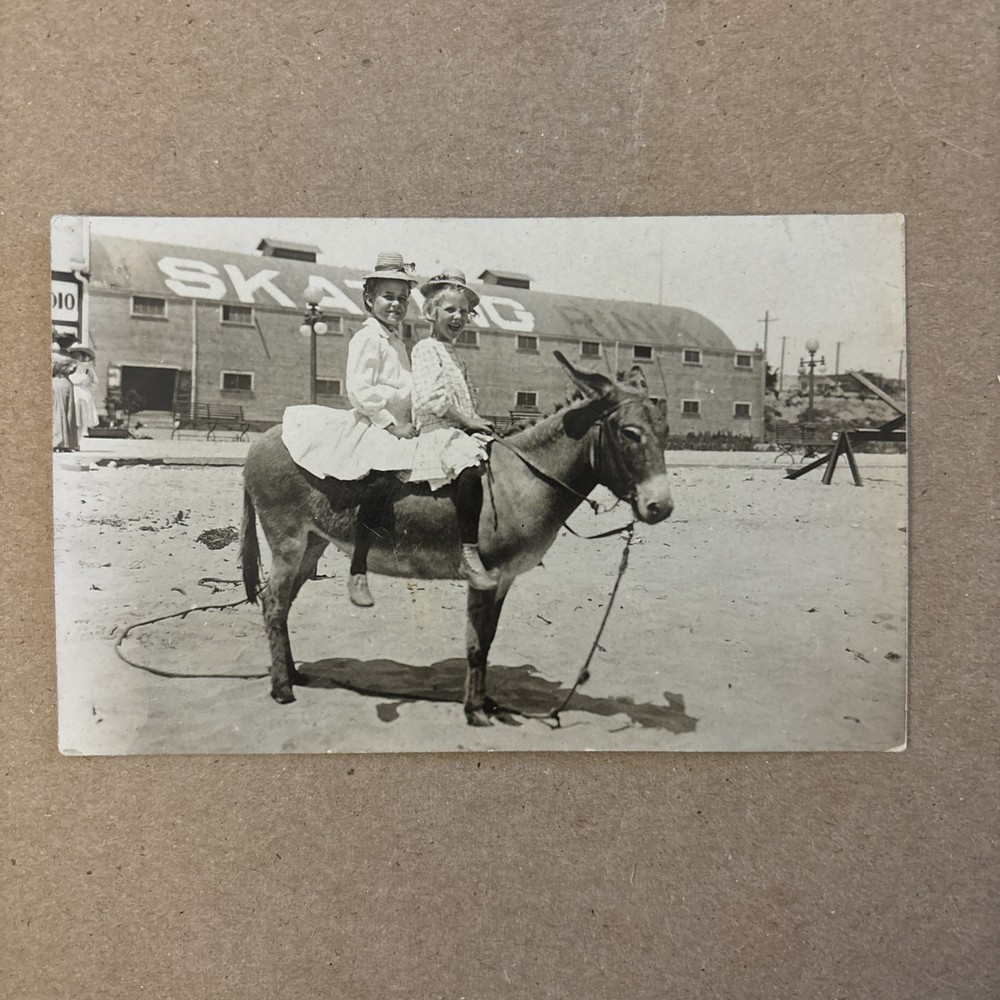 Antique postcard Two Girls on a Donkey / photo