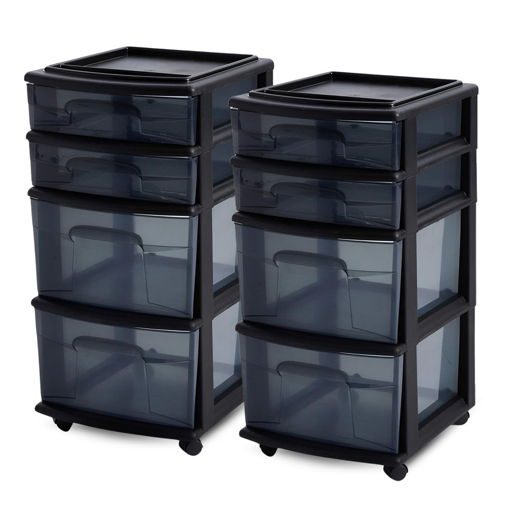 HOMZ 2-Pack Drawer Tower, 4-Tier Clear Black Plastic Storage Organizer Cart, ...