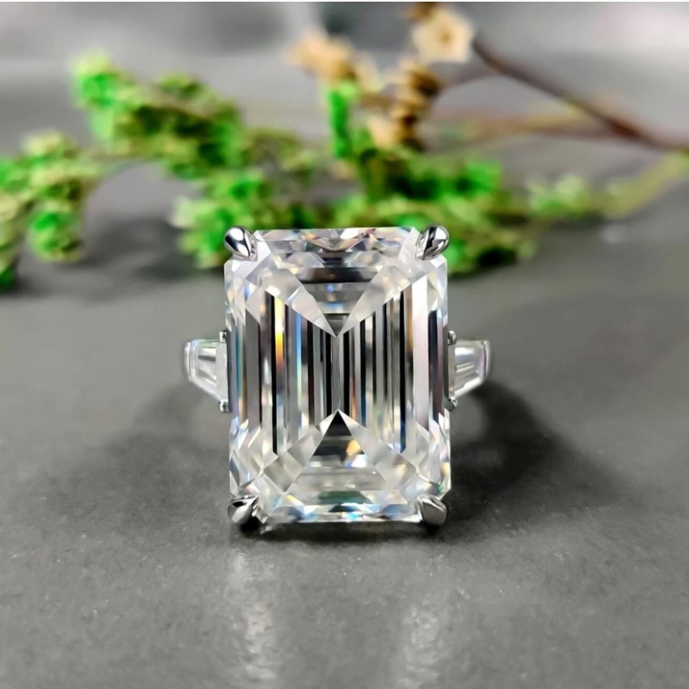14.50 Ct Emerald Cut Off White Diamond Ring 925 Silver Bridal Jewelry