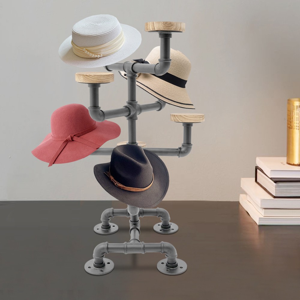 4 Tiers Industrial Hat Display Stand Hat Holder Rack w/ 8 Round Hangers Black US