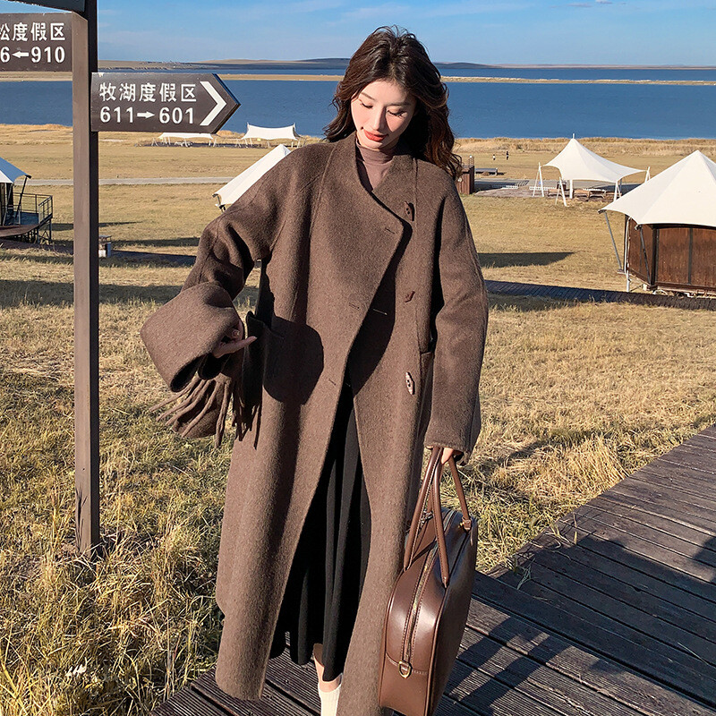 Women's Double-Sided Wool Trench Coat Winter Korean Loose Fit with Scarf-image