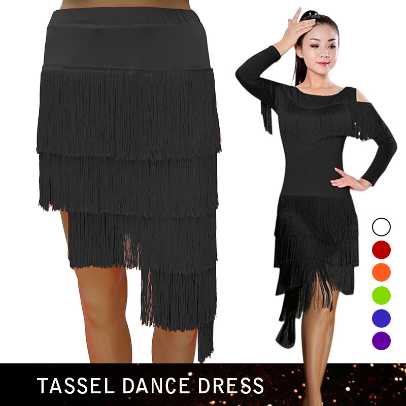 Womens Latin Fringes Skirt Tassels Dancewear Tango Salsa Mini Ballroom Dress