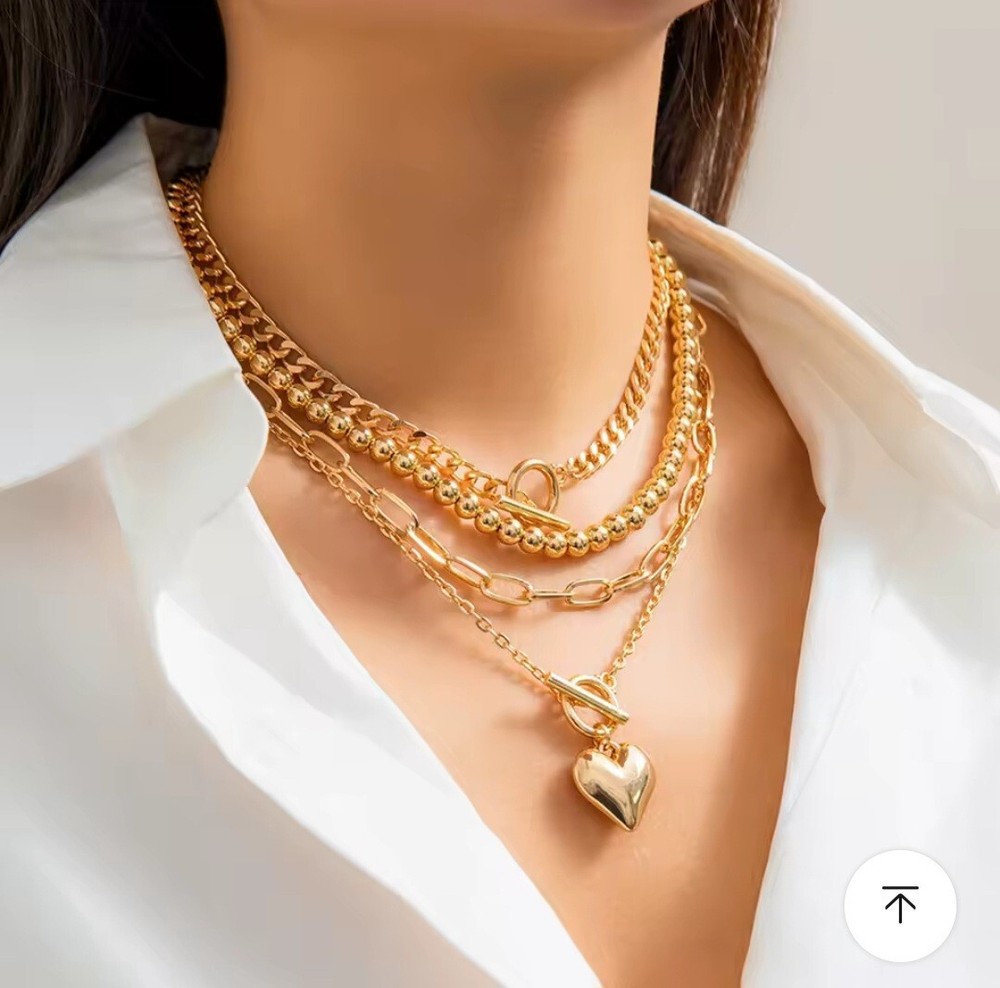 4 Pcs Gold Set Women Chains Heart Pendent Trendy OT Buckle Chunky Necklace