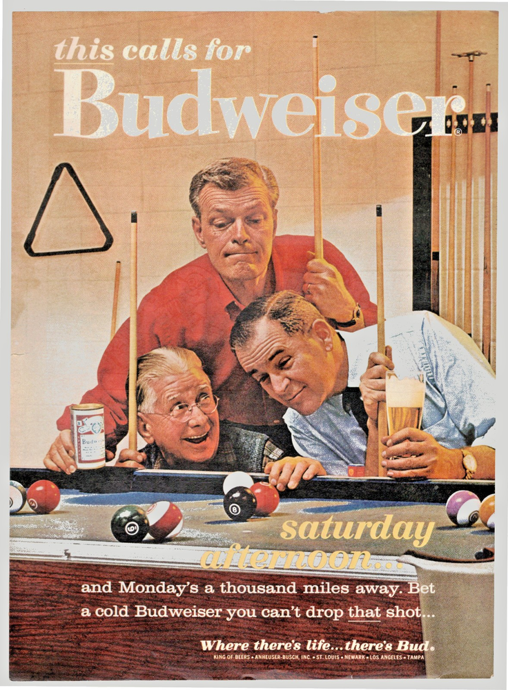 Budweiser 1963 Pool Table Saturday Afternoon Billiards Print ad 8.5x11