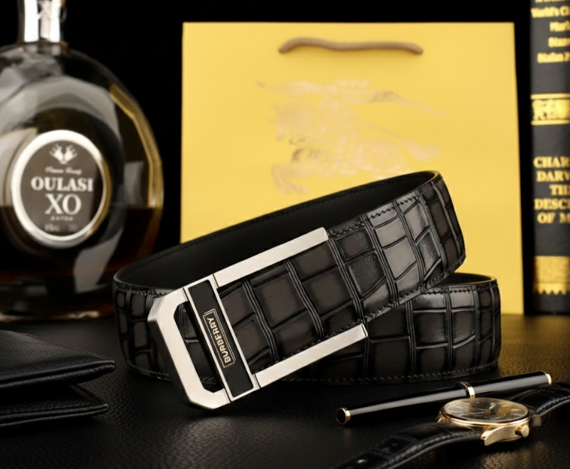 Burberry Croc-Embossed Leather Belt with Gold Automatic Buckle – Men’s