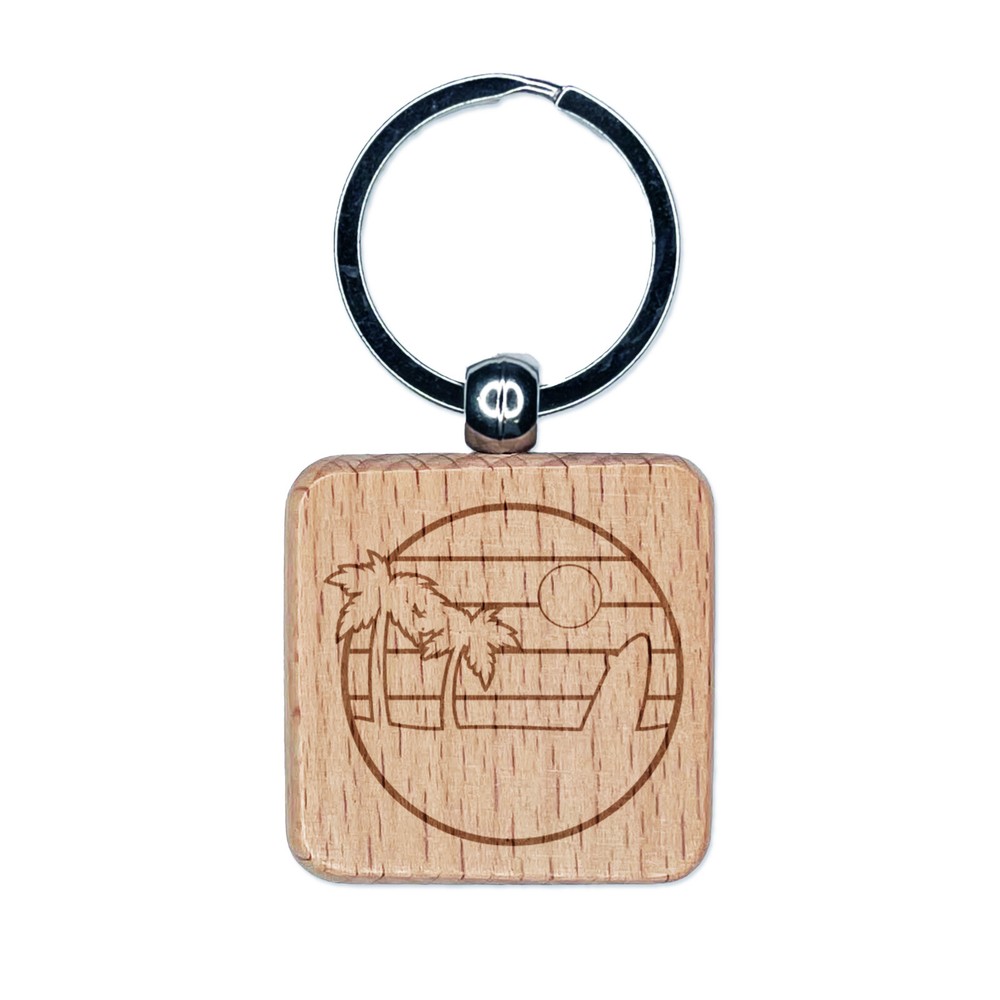 Retro Rainbow Surfboard Wood Keychain with Palm Tree Engraving