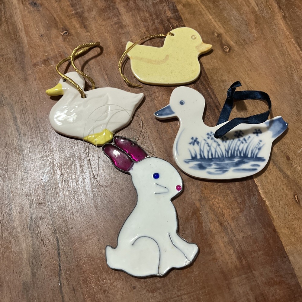 4 Ceramic Porcelain Easter Tree Ornaments 2 Ducks 1 Chick  1 Bunny