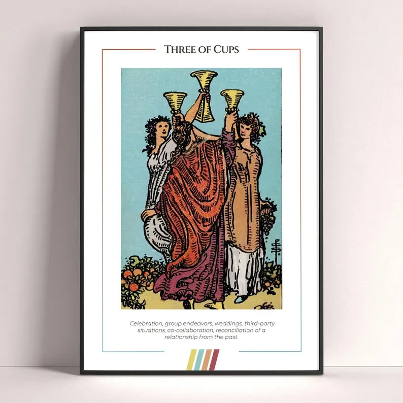 Three of Cups Tarot Card Art Print Poster Digital Download