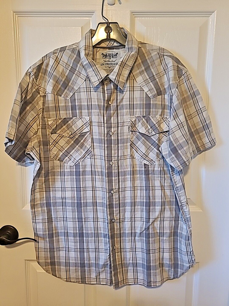 Levi's Western Shirt Large Gray Plaid Pearl Snap Point Pocket Yoke Cowboy