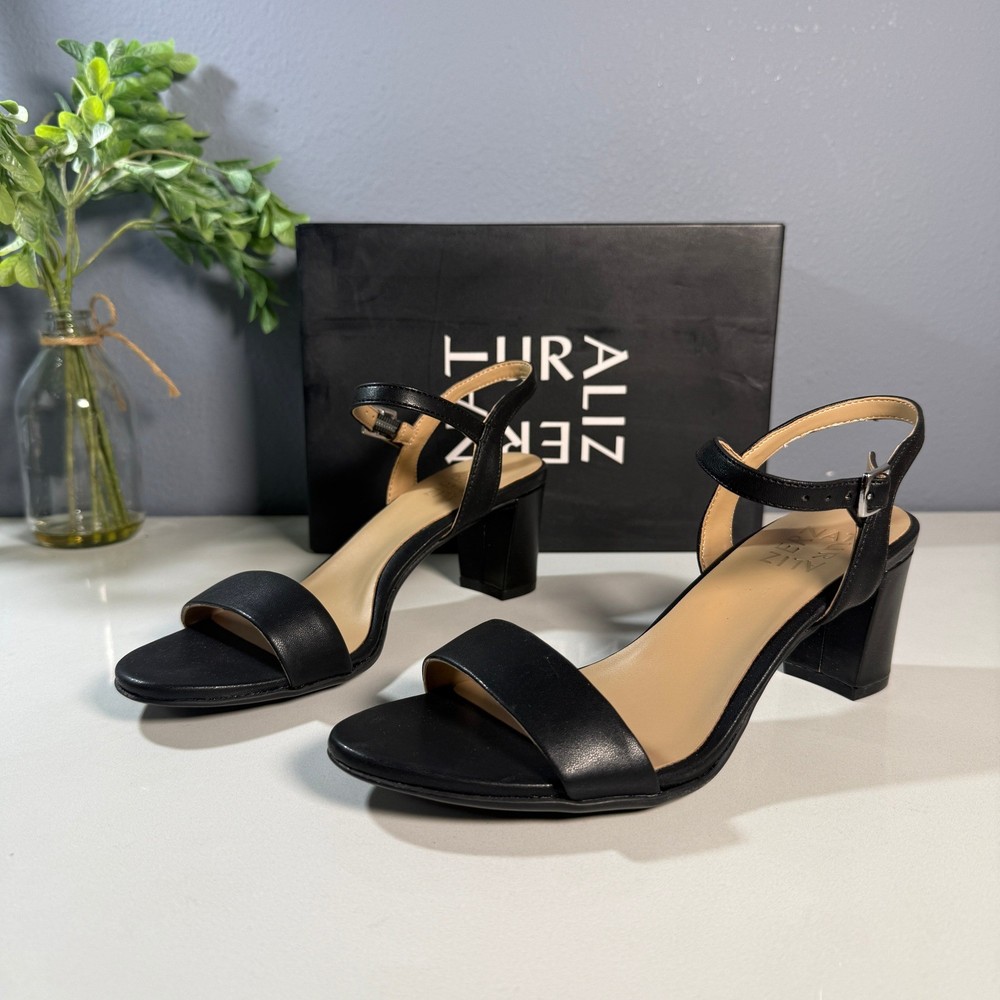 Naturalizer Block Heel Ankle Strap Sandals Black Smooth US 6.5M