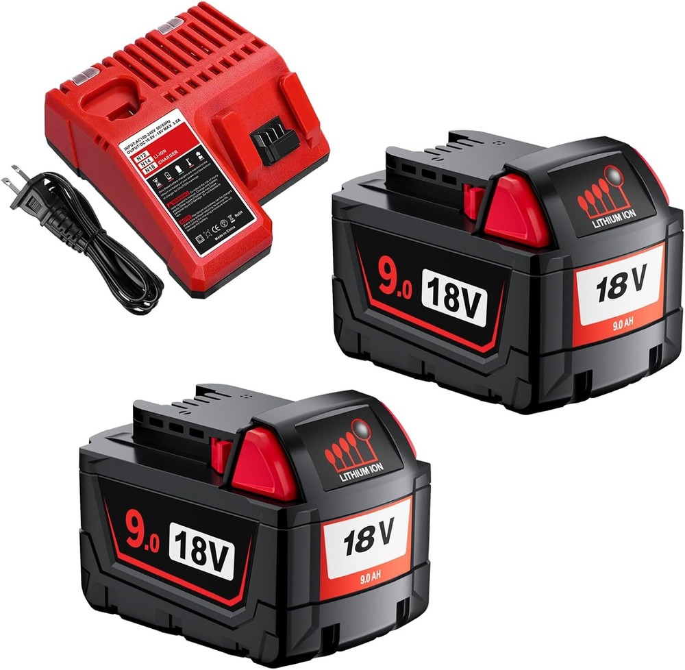 2Pack 18V 9.0Ah Milwaukee M18 Replacement Batteries with Charger