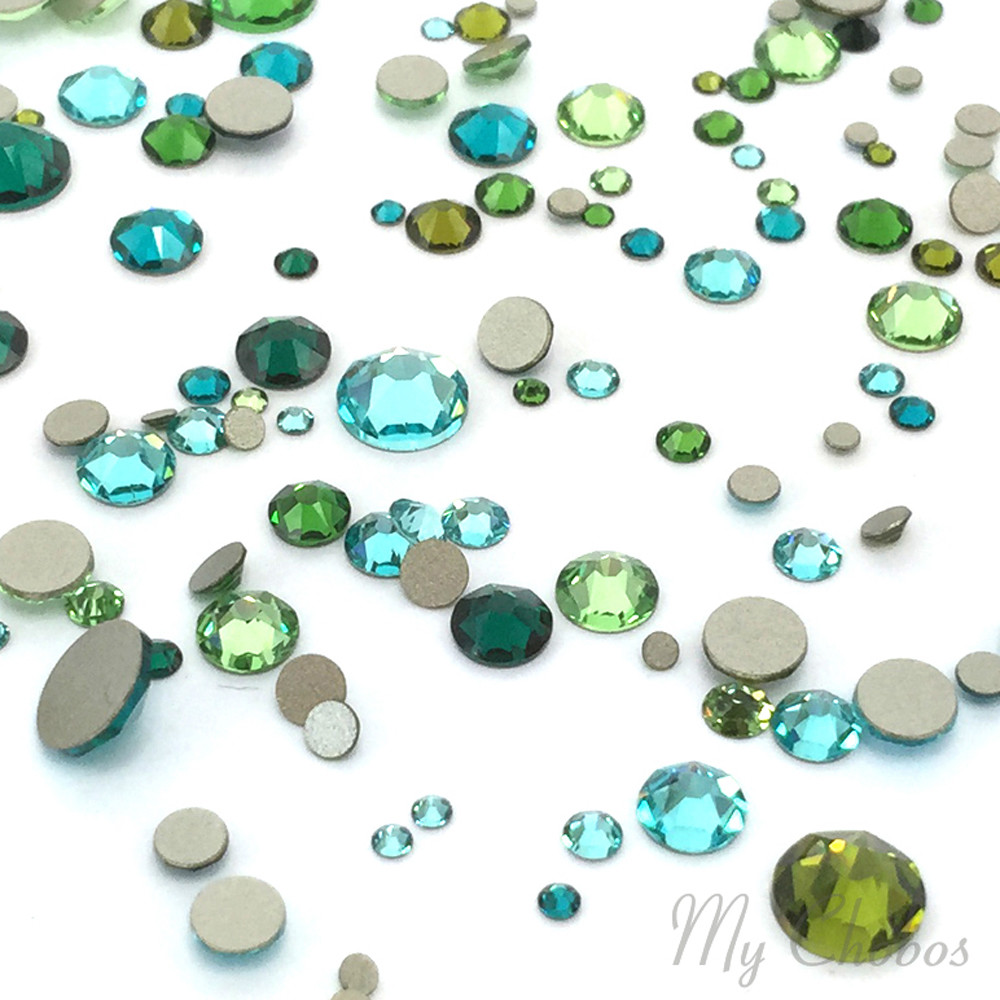 144 Mixed Sizes 2mm-6mm Swarovski Flatback Nail Art Rhinestones in Green & Teal
