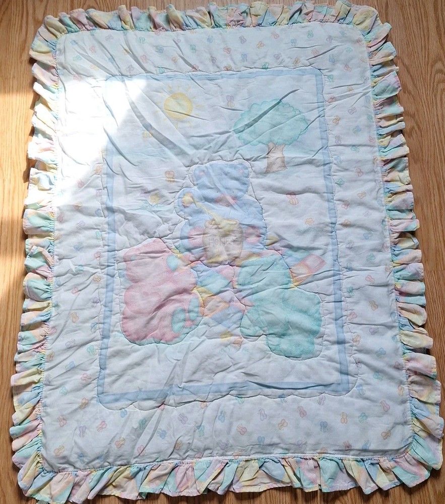 Vtg Dundee? Baby Crib Blanket Teddy Bears Honey Pastel Comforter 1980s *14FB