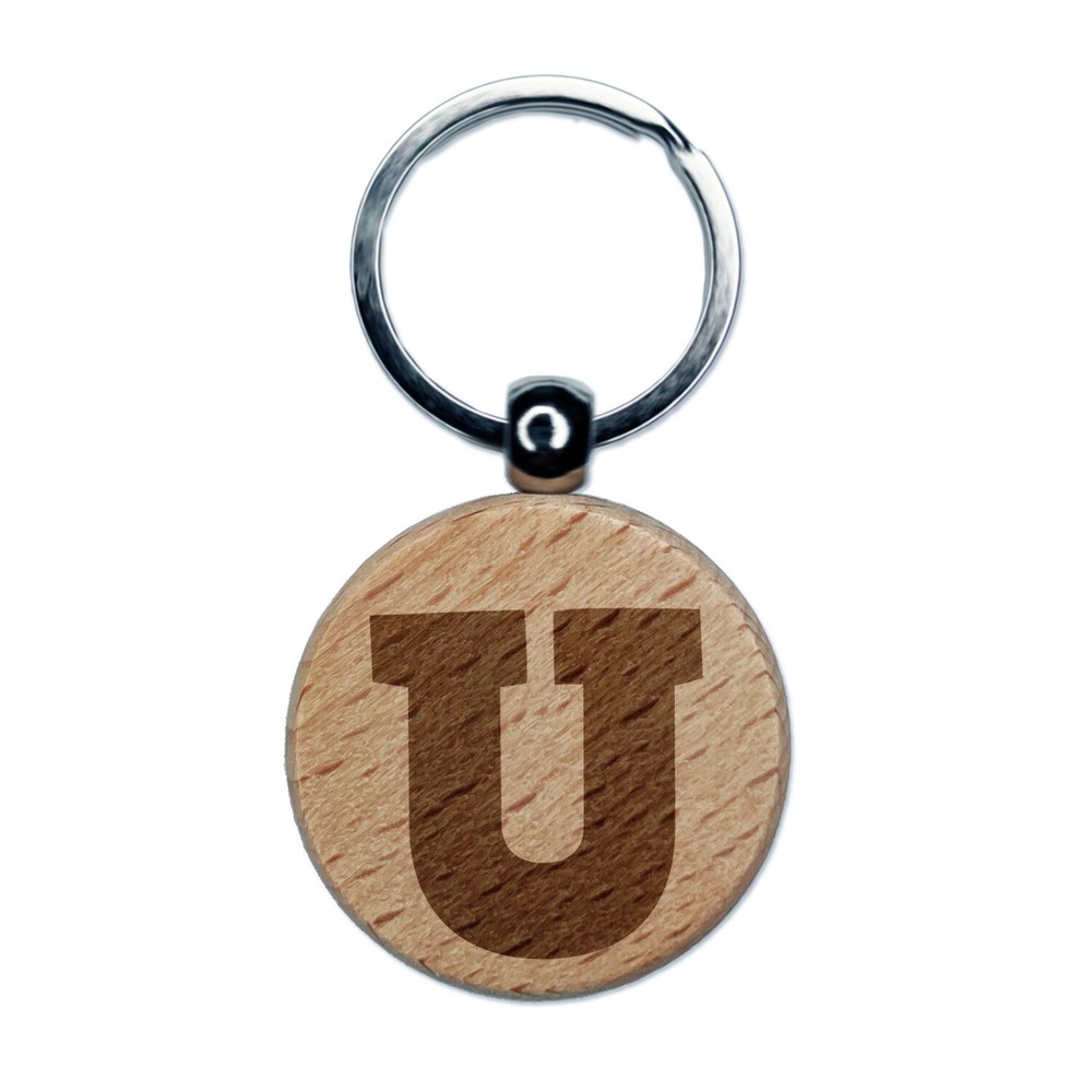 Bold Letter U Engraved Wooden Keychain Charm Tag Fun Font  