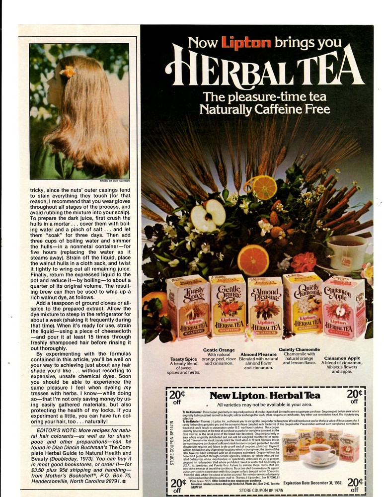 1982 Print Ad  Lipton Herbal Tea Coupon Pleasure Time Naturally Caffeine Free-image
