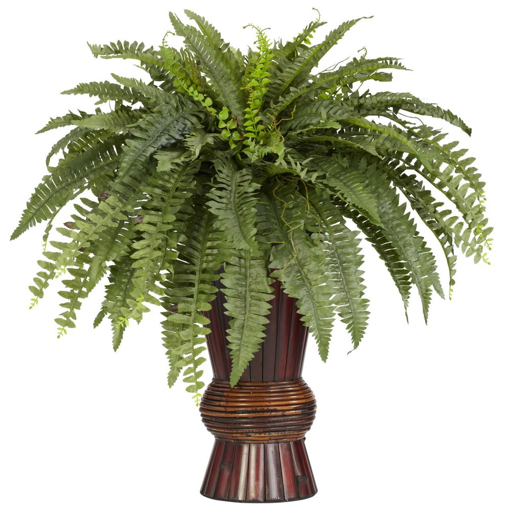 Boston Fern Silk Flower Arrangement in Bamboo Vase  