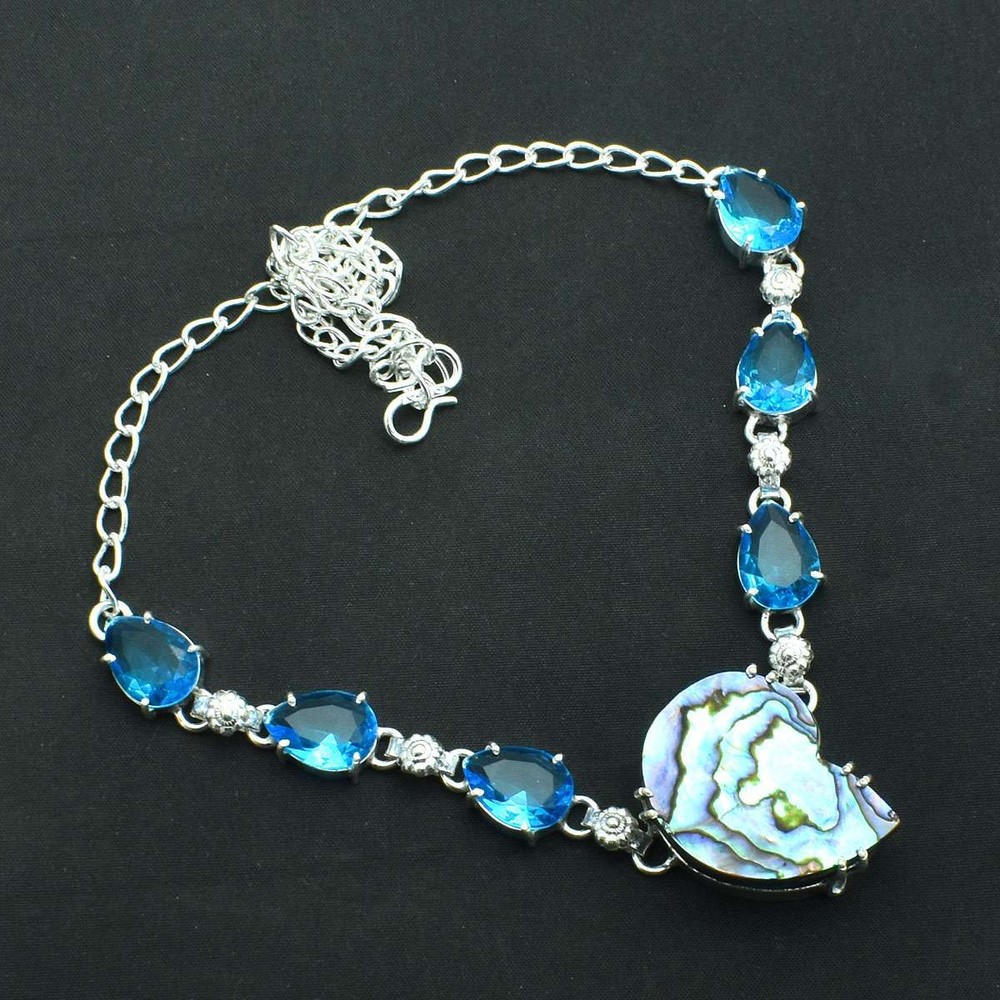 Abalone Shell Blue Topaz Ethnic Gemstone Necklace Jewelry 28 Gms AN 60174