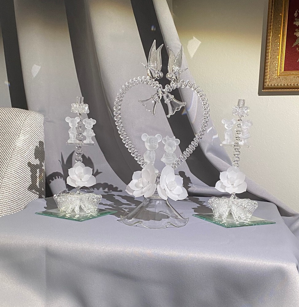 Disney Mickey and Minnie Mouse Wedding Cake Topper Set with Candles and Holders
