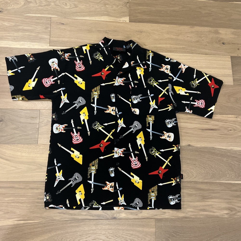 Vintage DF Clothing Shirt Men's XL Electric Guitar Polyester Button Up Rock On!
