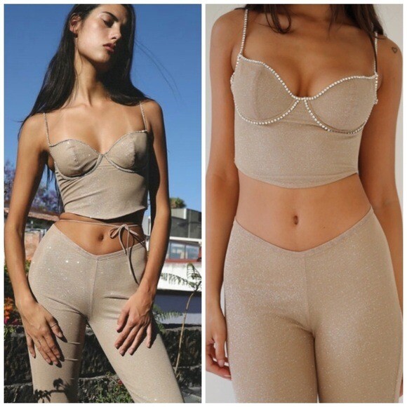 Mirror Palais Fairy Crystal Glitter Crop Top Small Tan