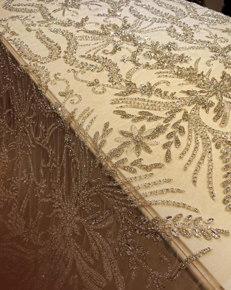 Hand Beaded lace Fabric Material for Elegant Bridal fabric by the yard