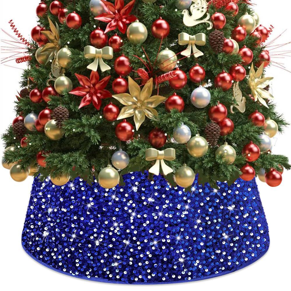 Christmas Tree Collar Blue Sequins Tree Skirt 23.6 Inch Glitter Velvet Tree C...