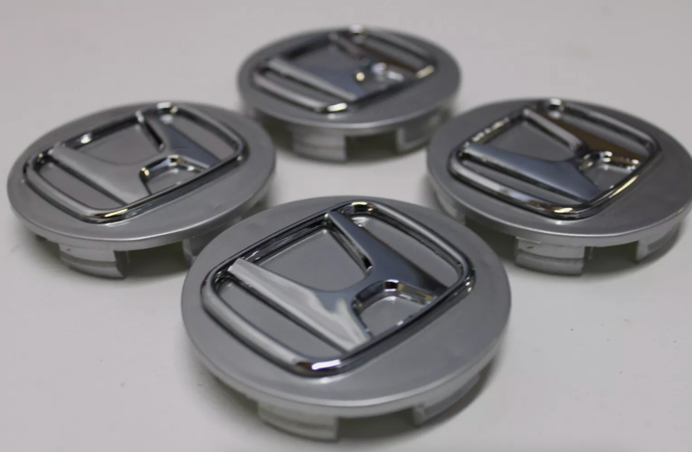 1999-2022 HONDA CIVIC GLOSSY SILVER Wheel Center Caps Black 58mm Rim Emblem Logo