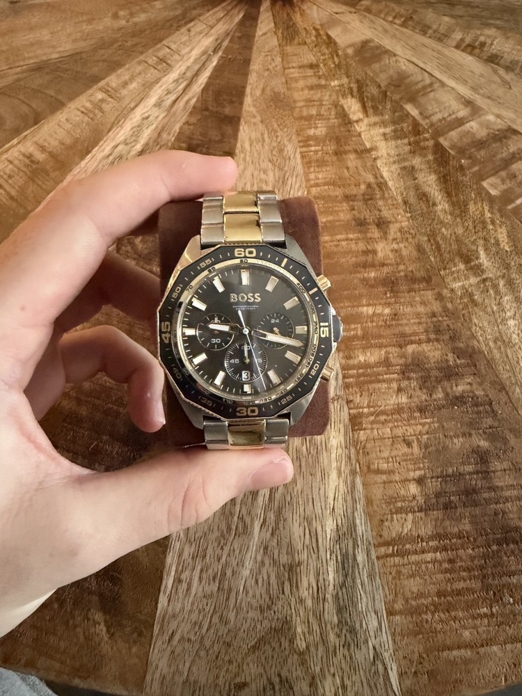 Huge Boss Mens Chronograph Gold/Silver Two Tone Gray Dial