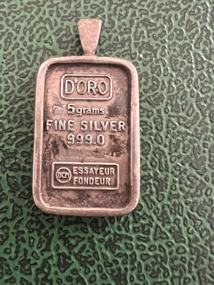 Very Rare D’oro 5 Gram .999 Fine Silver Bar Pendant