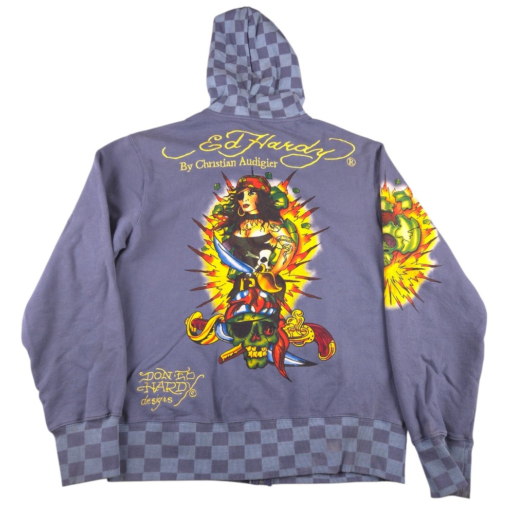 Vintage Ed Hardy Hoodie Jacket Rare Skull Hype Over Print Love Kills Y2k Size L