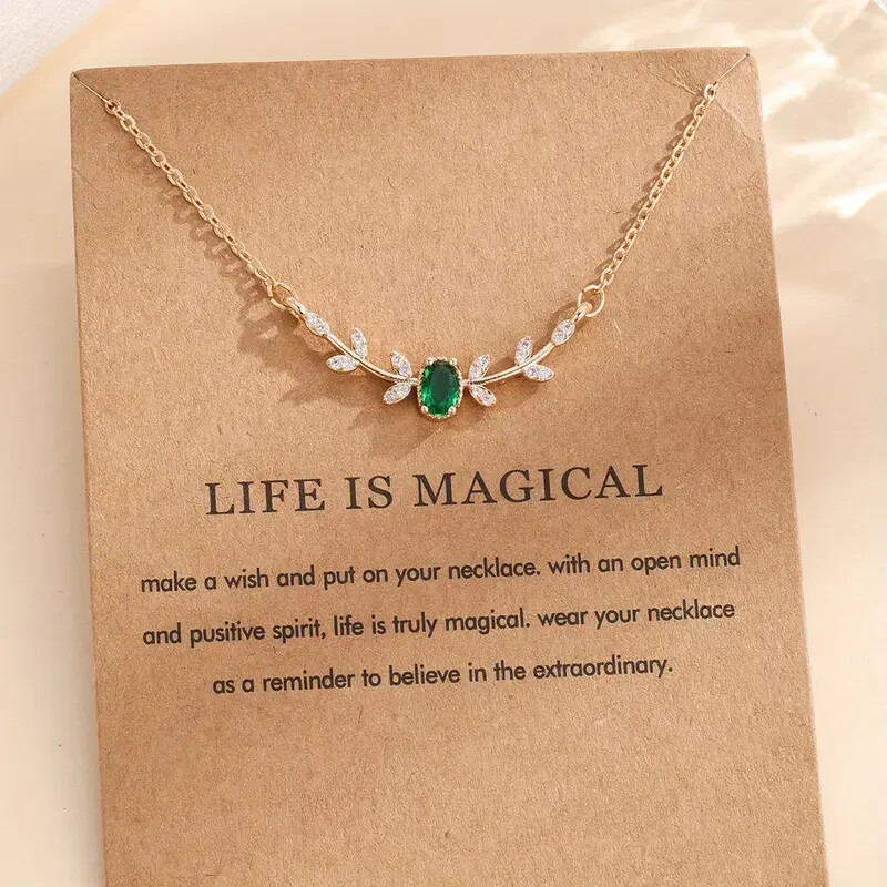 Leaf Green Emerald Necklace with Zirconia Stones by London2Gifts