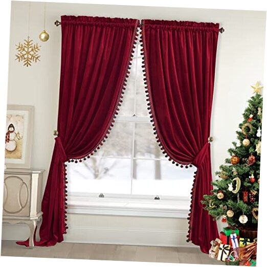 Luxury Red Pompom Velvet Curtains - 52