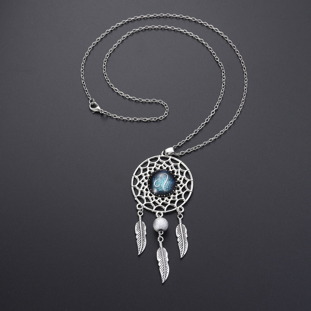 Dream Catcher Necklace for Women Bohemian Zodiac Feather Pendant