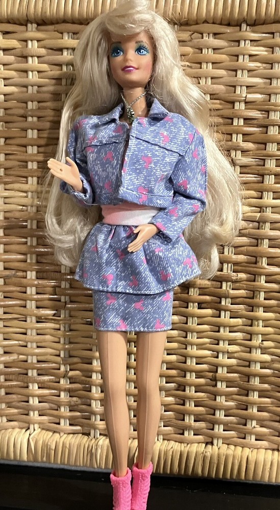 Vintage Barbie Doll Full Long Hair Denim Style Skirt Jacket Pink Mickey Ears TBA