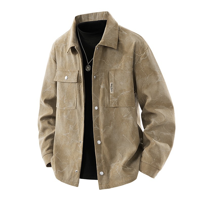 Men's Corduroy Workwear Jacket Vintage Casual Button Down Star Print Shirt Coat