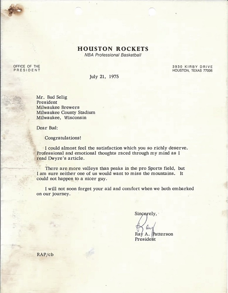 1975 Houston Rockets Ray Patterson President Letter Signed To Bud Selig MLB RARE