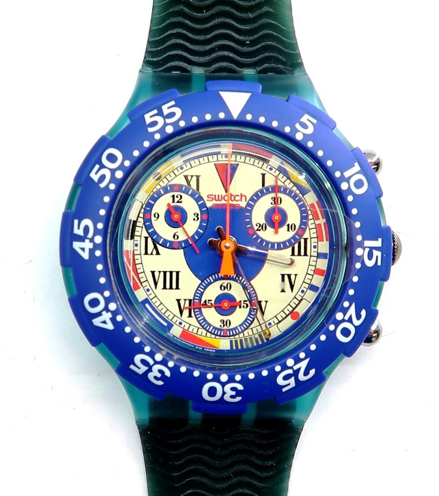 Swatch AcuaChrono BIG BLUE SBN101 Men's Watch 1995 New Old Stock with Case & Papers