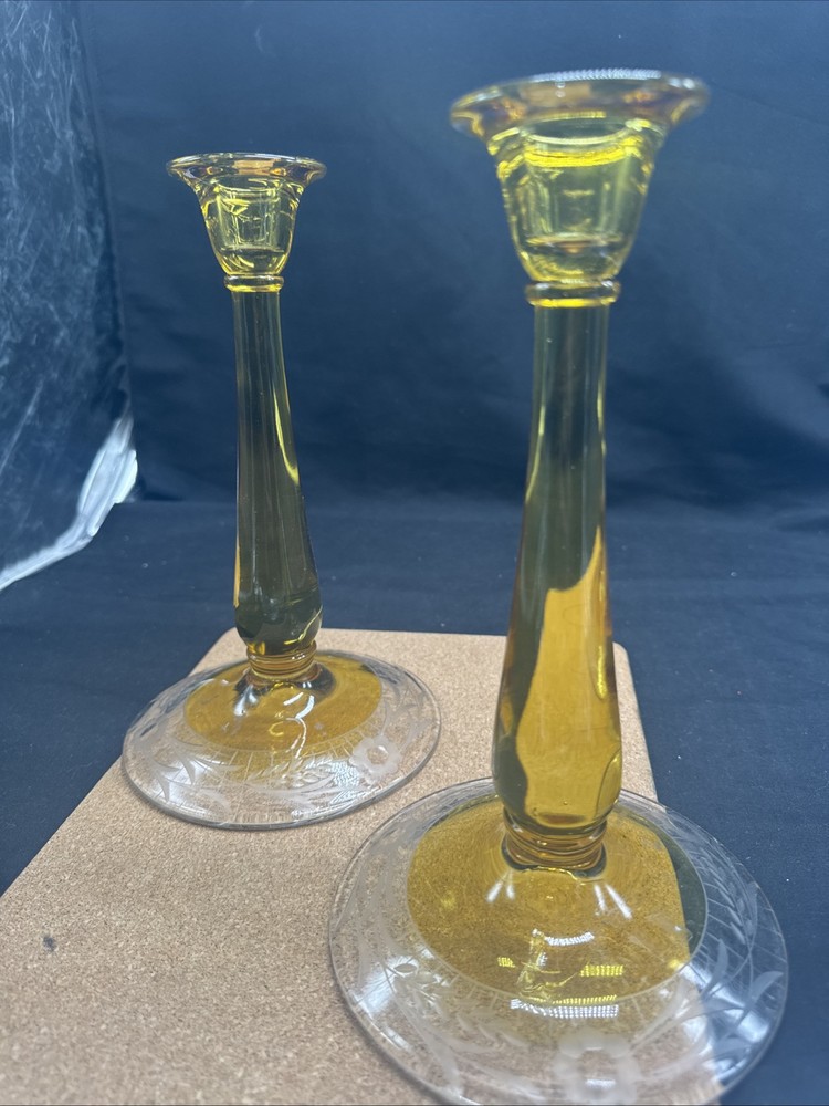 Vintage 1930s Honey Amber Glass Candle Holders 9 3/8