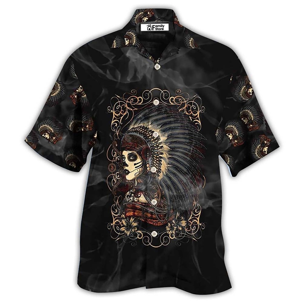 Native Girl Skull Design Dark Hawaiian Shirt for Men and Women with Unique Tribal Style