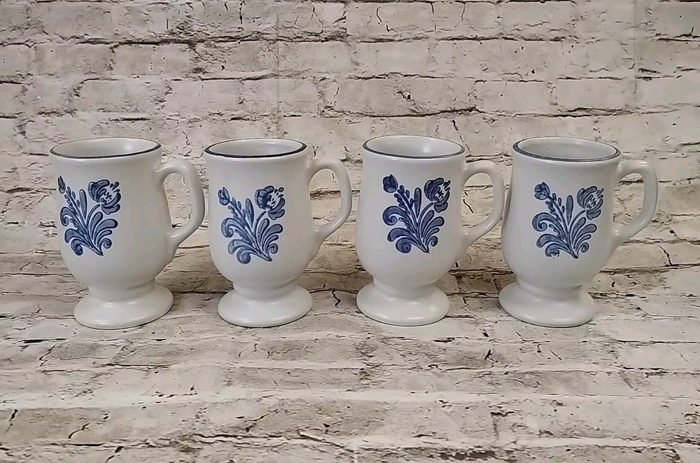 Vintage Pfaltzgraff Yorktown Blue Floral Footed Mugs Set of 4