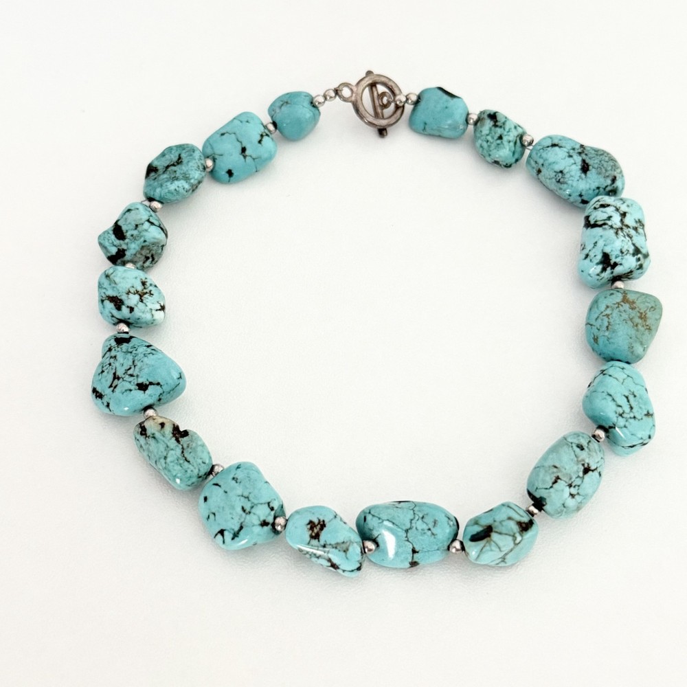 Vintage Turquoise Beaded Silver Tone Anklet 11 Inch Boho Chic