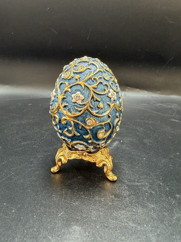 Vintage Bejeweled Collection Department 56 Blue And Gold Enamel Egg Trinket Box